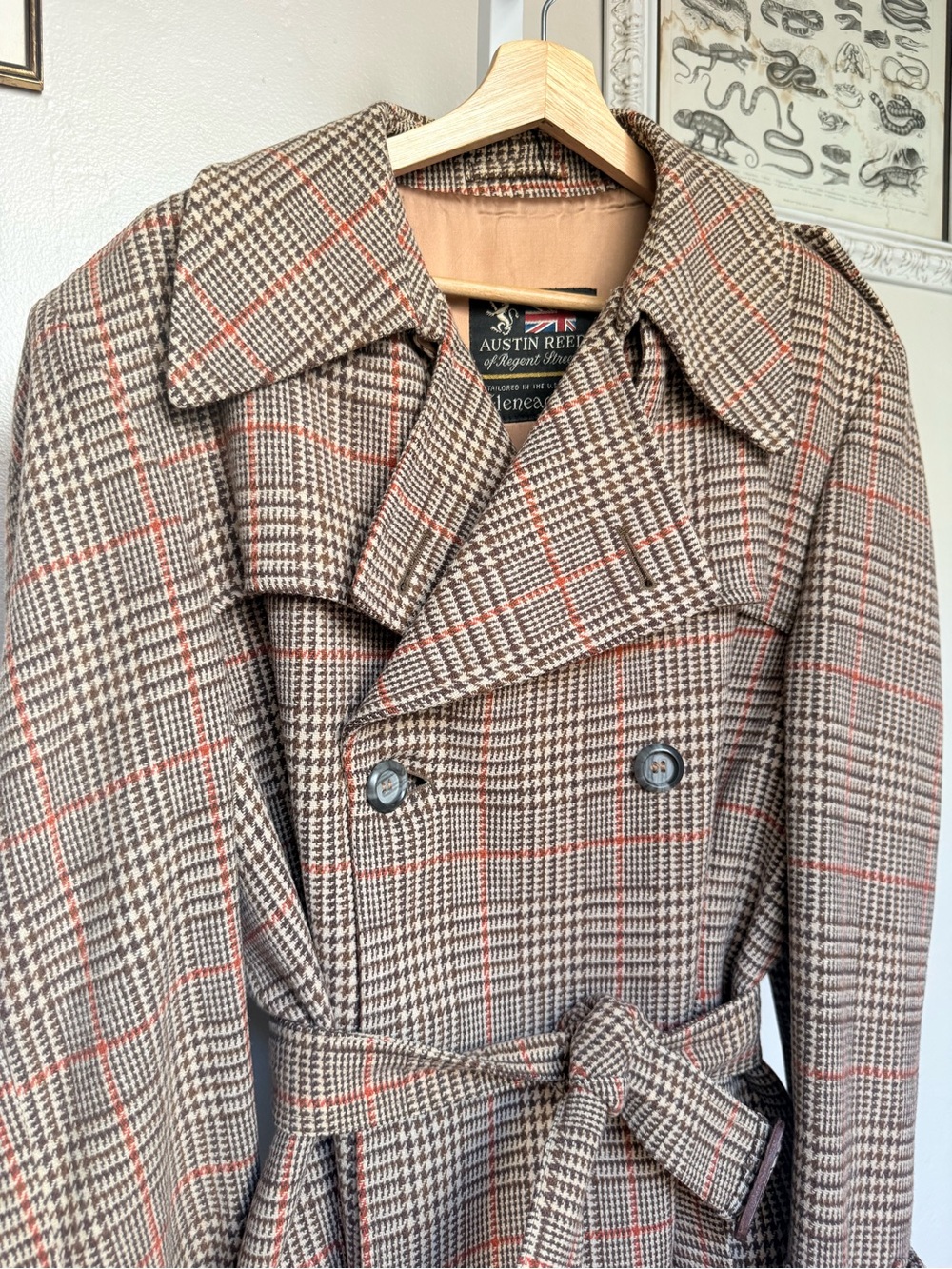 Vintage Wool Austin Reed Brown Plaid Double-Breasted Trench Orange Windowpane